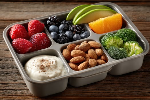 A lunch box with fruit, nuts and yogurt photo