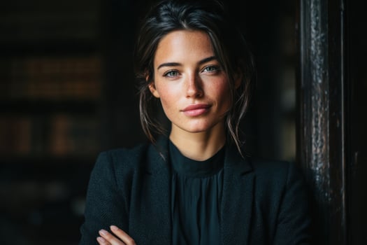 A woman in a black suit and blouse standing in front of a bookcase photo