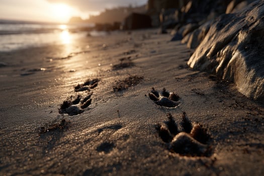 A bear paw prints on the beach at sunset photo