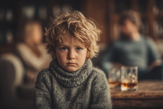 A young boy sitting in front of a glass of whiskey photo