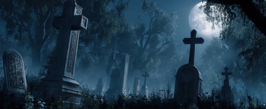 The ancient gravestones illuminated by the full moon in a mysterious graveyard. photo