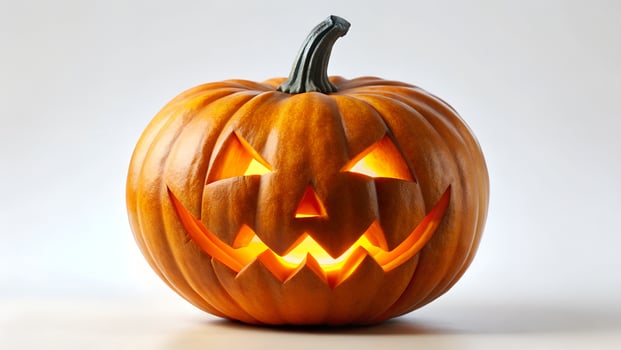 Illuminated Jack O Lantern with a Simple Carved Face Against a Light Background photo