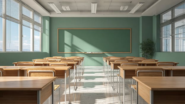 Modern classroom interior with neat desks, green chalkboard and sunlight photo
