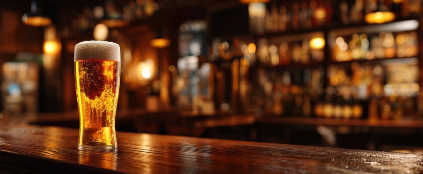 The refreshing beer served in a cozy pub setting with warm ambiance. photo