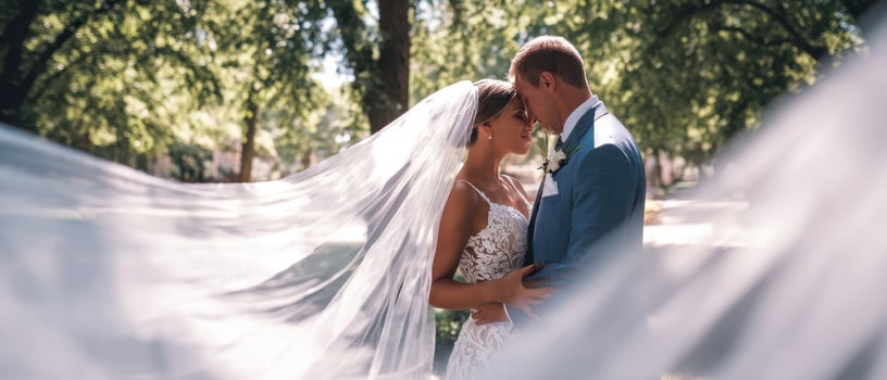 The enchanting moment of a couple amidst flowing wedding veil and nature. photo