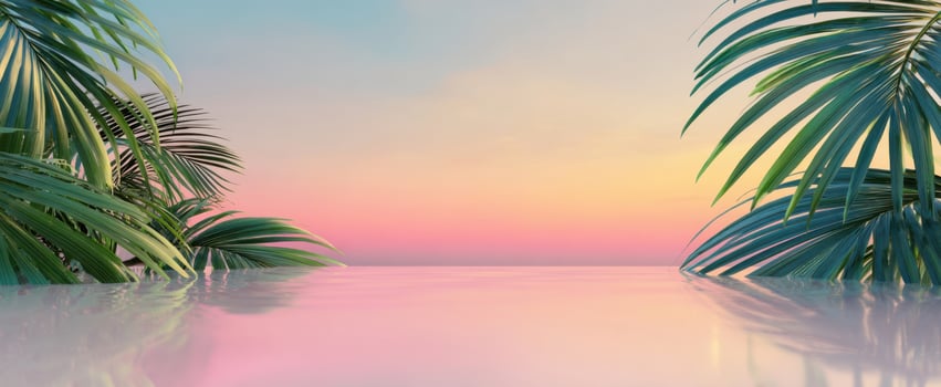 The tranquil sunset view over serene waters with lush palm leaves. photo