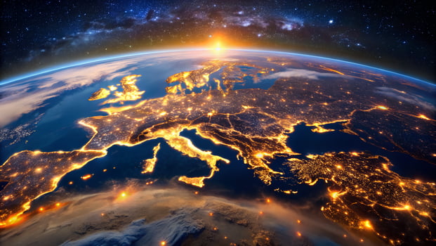 Earth from Space at Night City Lights Illuminate Europe and the Mediterranean Region photo