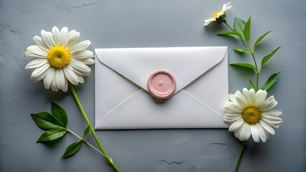 Elegant White Envelope with Pink Wax Seal and Daisies pristine white envelope photo