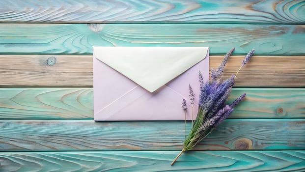 Pastel Pink Envelope with Lavender on Rustic Wooden Background light pink envelope photo