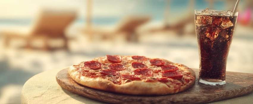 The delicious pizza and refreshing cola at a beachside setting. photo