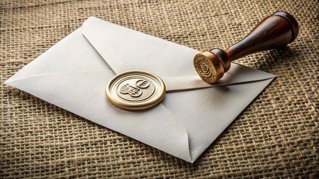Elegant Gold Wax Seal on White Envelope with Wooden Stamp pristine white photo