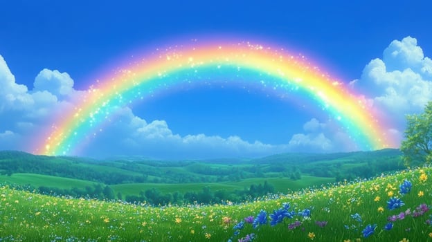 Vibrant rainbow over a grassy meadow photo