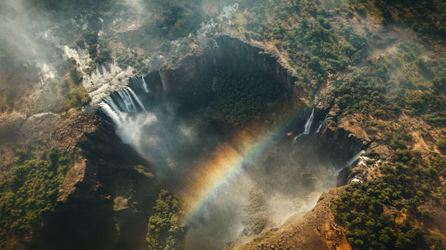 Aerial view of majestic waterfalls with rainbow photo