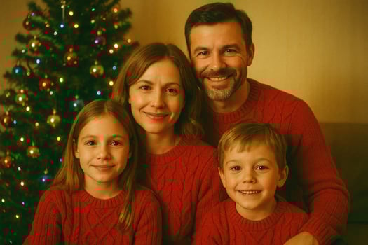 retro vintage nostalgia photo, flash photo of Smiling family in matching red sweaters celebrating Christmas by decorated tree