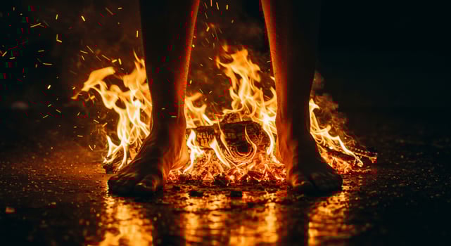 Bare Feet Standing Near Burning Embers in the Dark photo