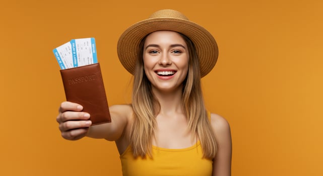 A woman holding a passport and a ticket photo