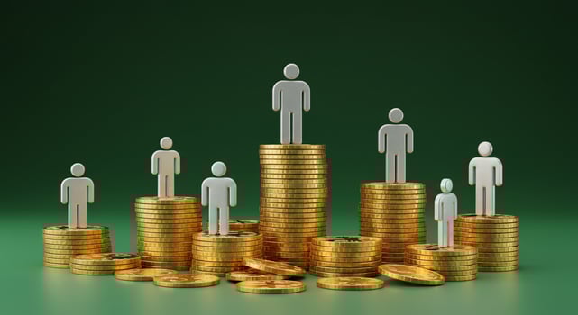 Figures on Uneven Stacks of Gold Coins on Green Background photo