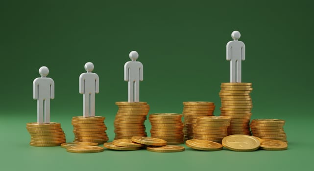 Gold coins and people standing on top of them photo