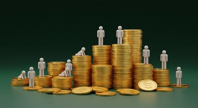 Figures on Growing Stacks of Gold Coins Representing Financial Growth photo