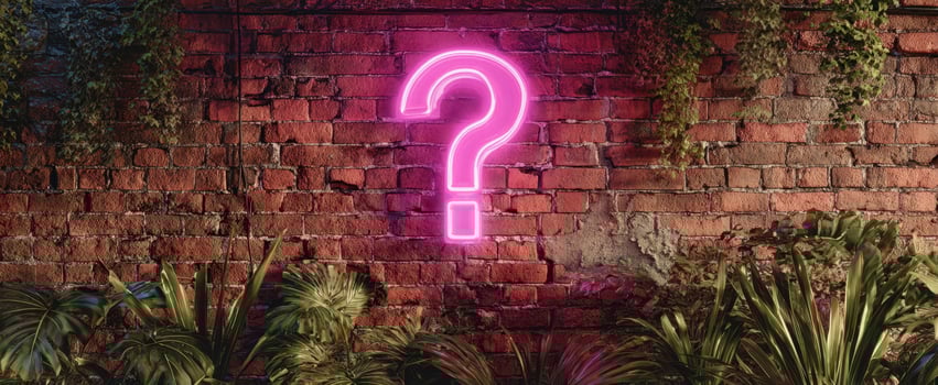 The Neon Question Mark Illuminating a Stylish Brick Wall with Lush Greenery photo