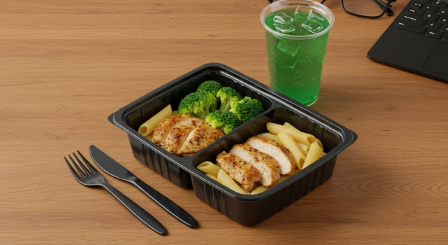 Healthy Desk Lunch with Grilled Chicken, Pasta, Broccoli, and Green Drink photo