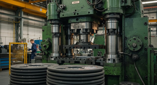 Industrial Hydraulic Press Machine with Metal Discs in Factory Setting photo
