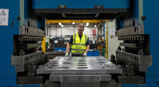 Industrial Punch Press with Metal Sheets and Blurred Worker in Safety Vest photo