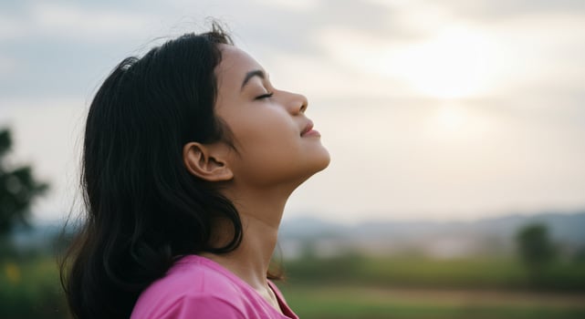 Serene Girl Inhales Fresh Air with Closed Eyes, Soft Sunlight, Peaceful Nature Background photo