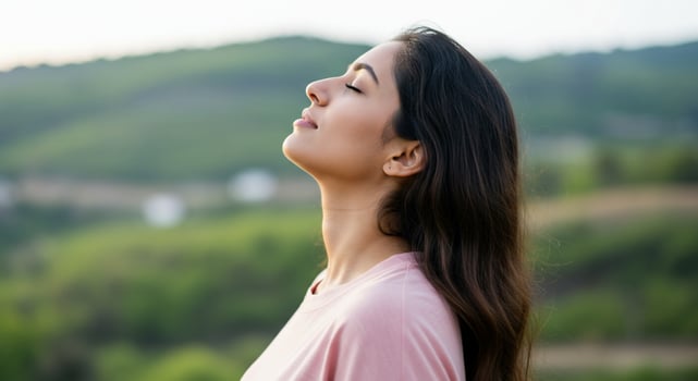 Serene Woman Inhales Fresh Air with Eyes Closed, Peaceful Green Valley Backdrop photo