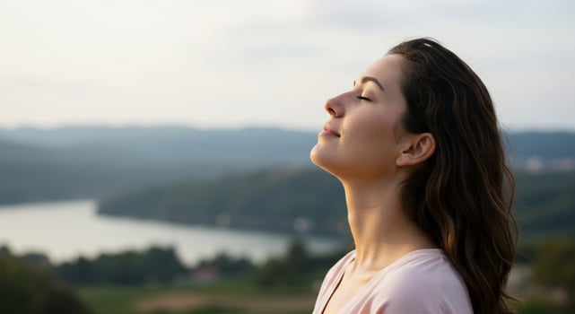 Serene Woman Inhaling Fresh Air with Eyes Closed Overlooking Tranquil Lake and Hills photo