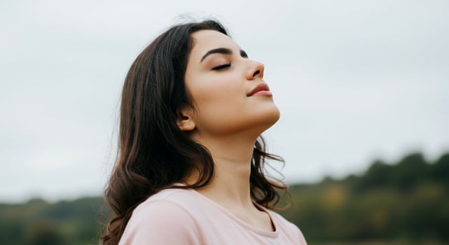 Serene Woman Inhales Fresh Air with Closed Eyes, Peaceful Nature Background photo
