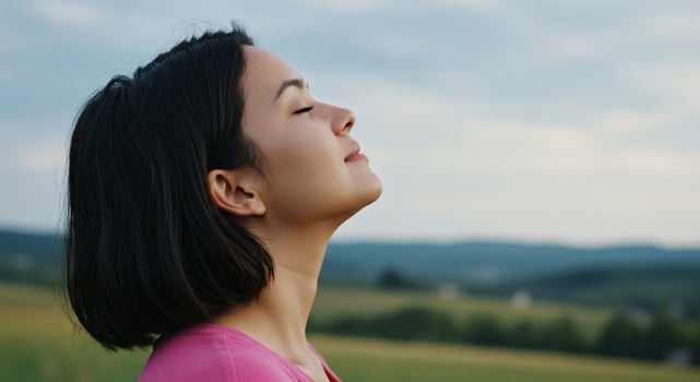 Serene Woman Inhales Fresh Air with Eyes Closed in a Blurred Landscape photo
