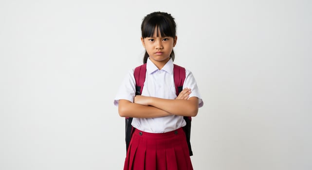 Serious Asian Schoolgirl with Crossed Arms and Backpack on White Background photo
