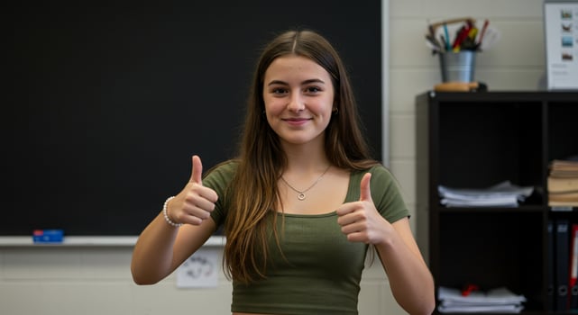 Teenage Girl with Two Thumbs Up in Classroom Setting photo