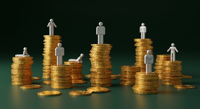 Golden coins and people standing on top of them photo