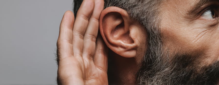 The attentive man listening closely with his hand to his ear. photo