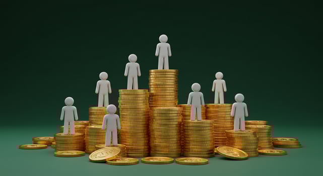 White Figures on Stacks of Gold Coins Symbolizing Financial Hierarchy photo