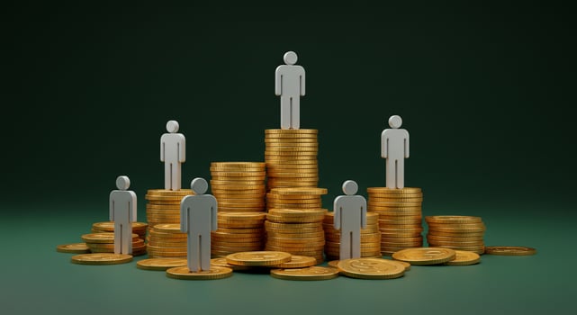 White Figures on Stacks of Gold Coins Symbolizing Wealth Disparity photo