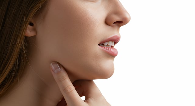 Woman Gently Touching Jawline, Profile View on White Background photo
