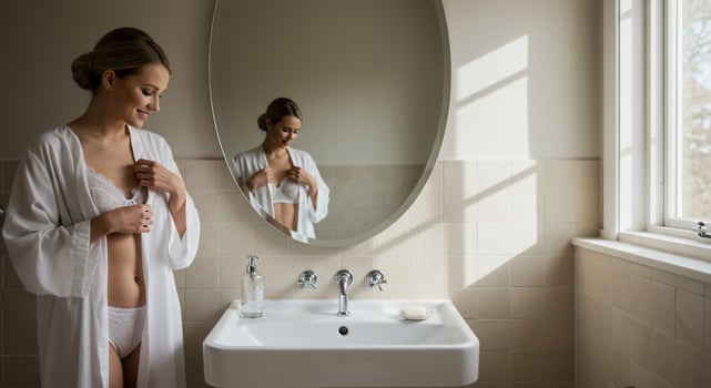 Woman in White Robe Adjusting Lingerie in Sunlit Bathroom photo