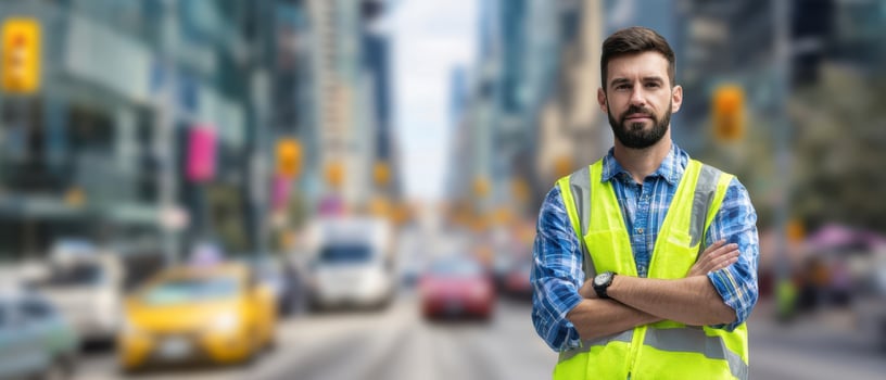 The confident construction worker standing in an urban street environment. photo