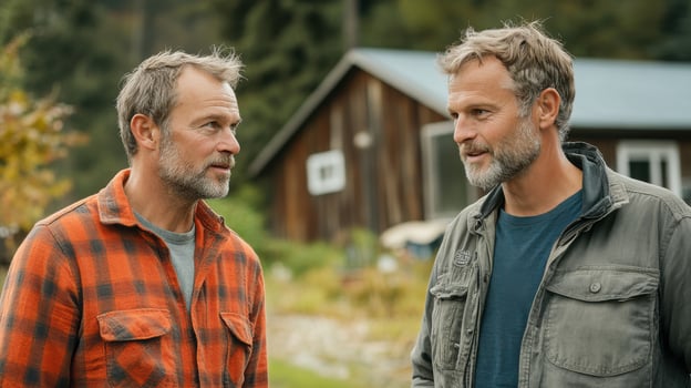Two men standing in front of a cabin photo