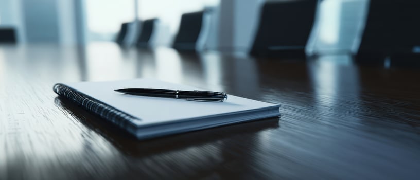 The pen and notebook on a polished conference table in a modern office setting. photo