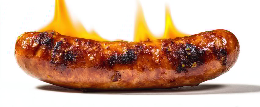 The flaming sausage showcasing grilled perfection with smoky char. photo
