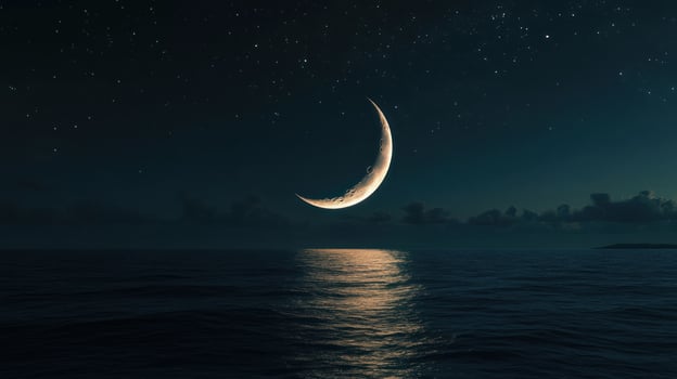 Crescent moon over a calm sea at night photo