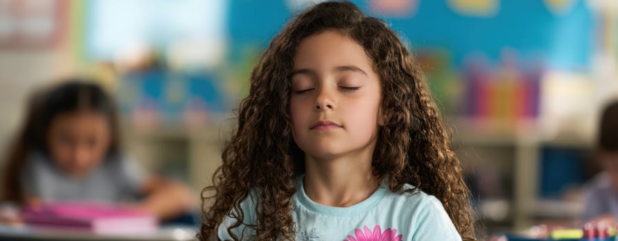 The girl practicing mindfulness in a serene classroom setting photo