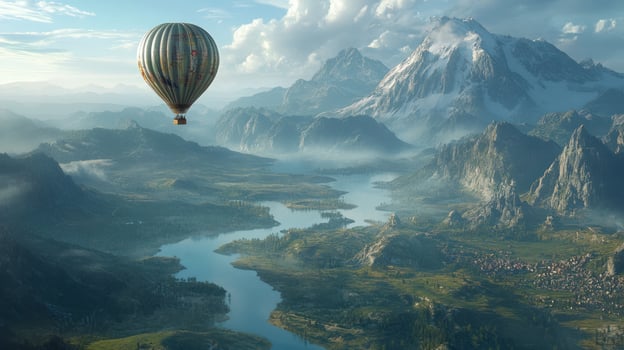 Aerial view of hot air balloon over a valley photo