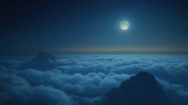 A serene mountain vista, shrouded in clouds under a luminous moon photo