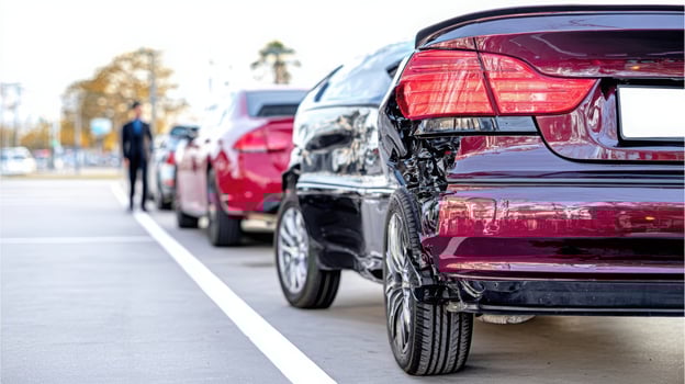 A car is parked in a parking lot with a damaged bumper photo