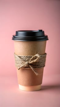 Beige Coffee Cup Wrapped in Burlap on Pink Background disposable coffee cup photo
